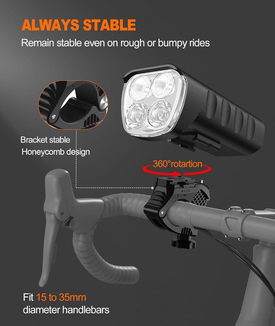 VHV - Fiets voorlamp - stuurverlichting voor fiets - 2000 lumen - USB-C oplaadbaar - waterdicht - 13 lichtstanden - 360° draaibare houder - voor nachtritten, stadsfiets, racefiets en mountainbike — afbeelding 4