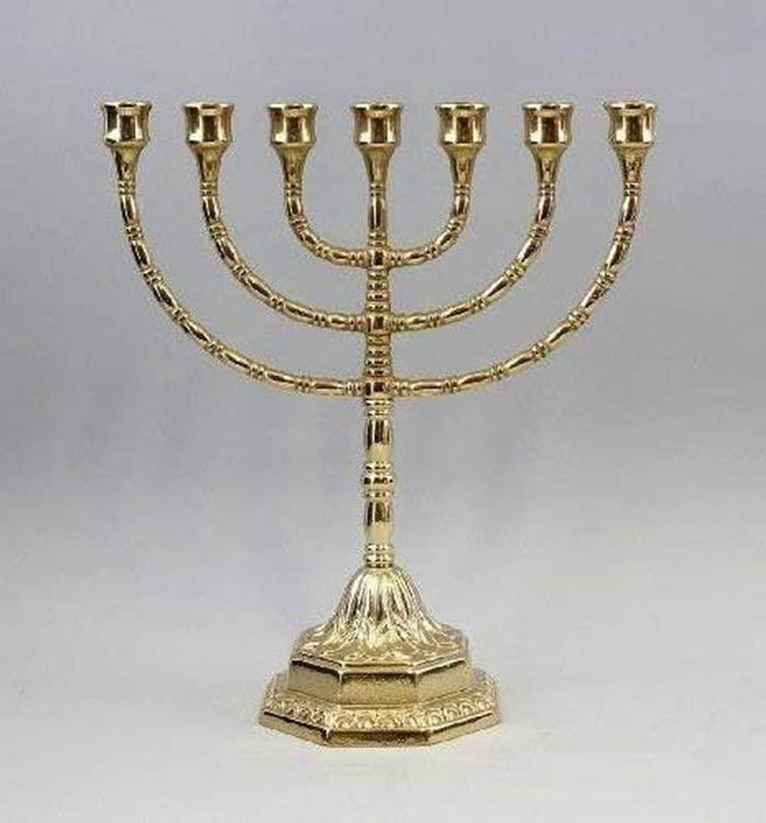 Menora Kandelaar - Joodse Kandelaar Zevenarmige Kandelaar - Religieuze Decoratie - Gepolijst Messing - 31 cm Hoog - Goud Metallic