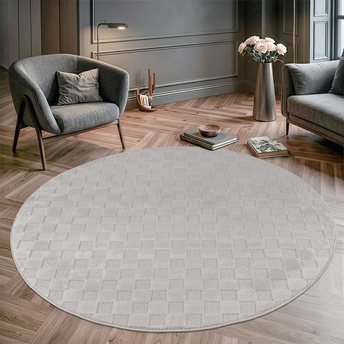 Muratap Vivant Chesterfield - Rond Vloerkleed Laagpolig Effen - Creme- 160 CM Ø