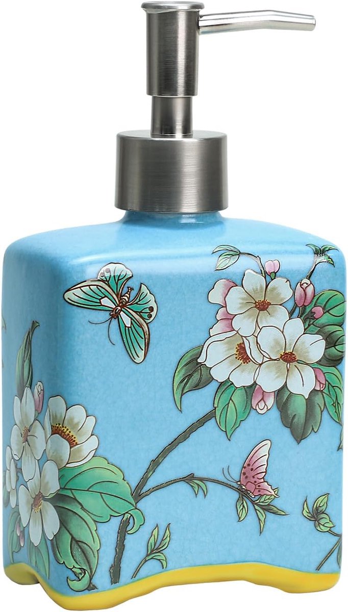 carmdering - Keramische Seifenspender - Zeepdispenser - Vloeibare Zeepfles - Afneembare Pomp - Herbruikbaar Ontwerp - Keramiek En Gegalvaniseerd ABS - Elegant Bloemenpatroon - Ideaal Voor Keuken En Bad - 400 ml Capaciteit - 1 Stuk - Blauw