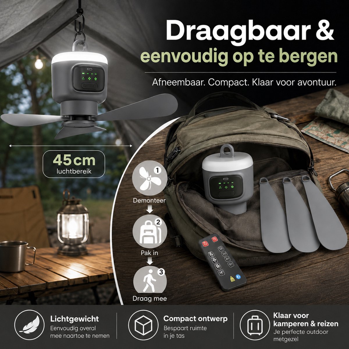 MUPOO Camping Plafondventilator 45cm - LED en 16 uur thumbnail 4