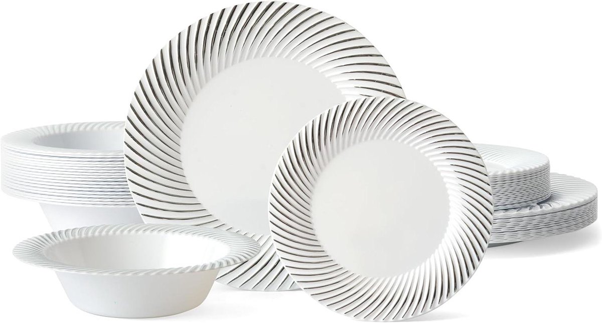 Plastic Borden Set - Feest Servies - Feestelijke Gelegenheden - Zilveren Rand - 96 Delen - Wit