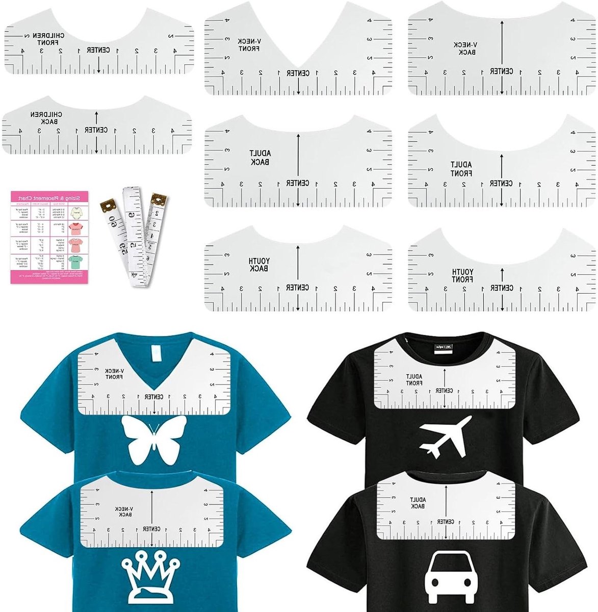 T-shirt Liniaal Gids - Centreren Ontwerpen Tool - Vinyl Uitlijning - Duurzame Zachte Linialen - 8 Stuks - Wit