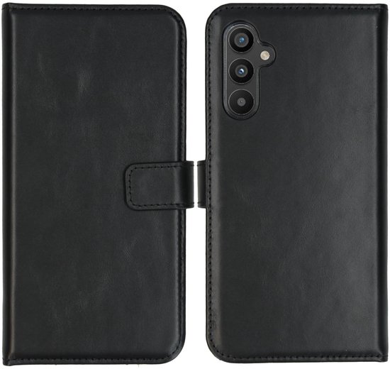 Un étui portefeuille noir en cuir ouvert montre l'intérieur avec des fentes pour cartes et le support de téléphone.