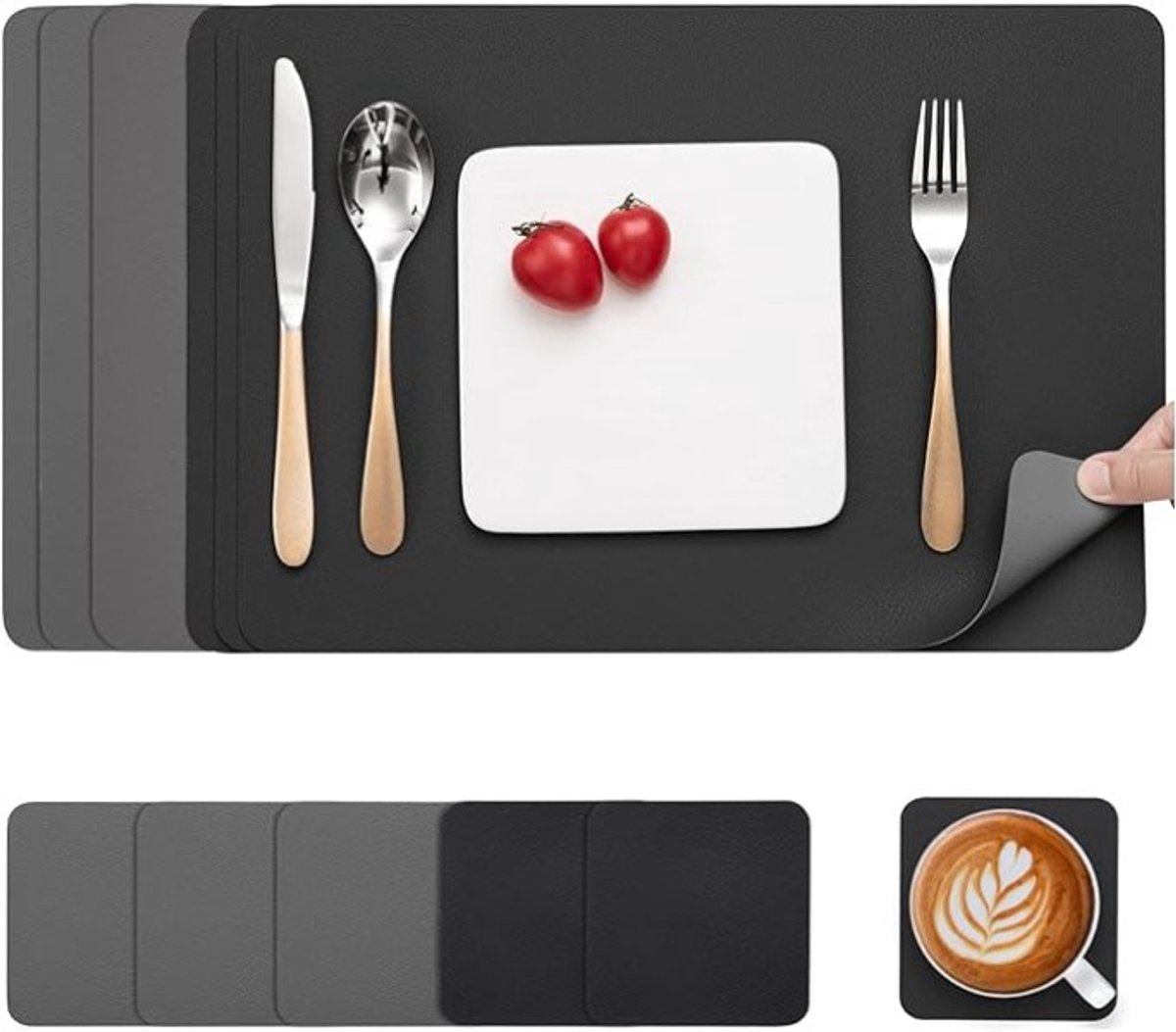 Placemats Set van 6 - Hittebestendig en Antislip - Grijs Zwart