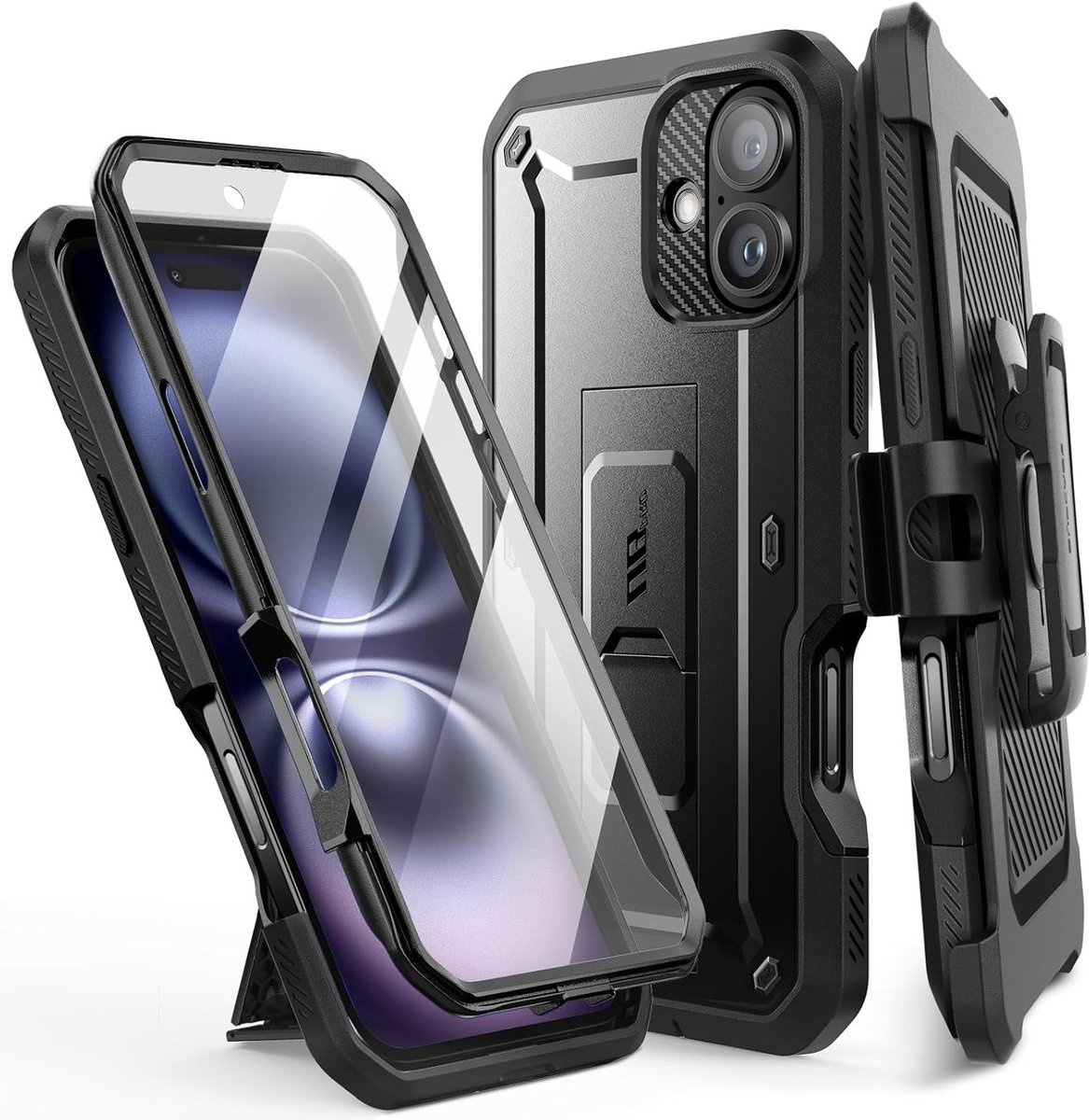 Robuuste Full-Body Beschermcase voor iPhone 16 met Schermbeschermer, Stand en Riemclip, Schokbestendig en Militaire Bescherming, Zwart