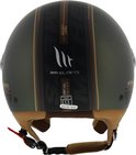 Achterkant van een donkergroene helm met bruine en gouden verticale strepen, "MT HELMETS" logo en ECE-label.