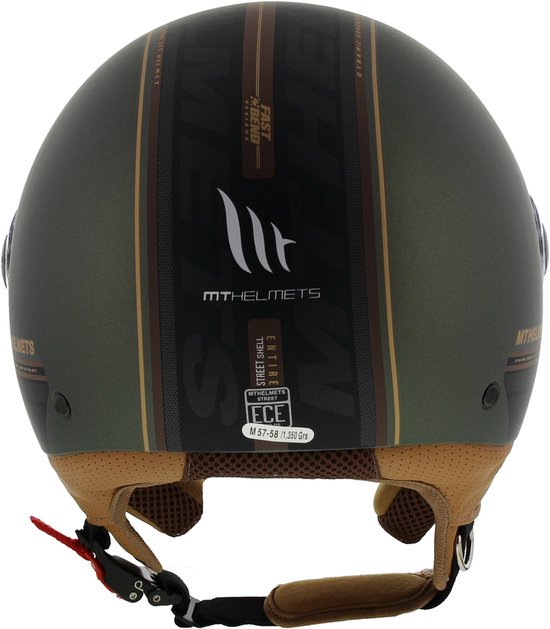 Achterkant van een donkergroene helm met bruine en gouden verticale strepen, "MT HELMETS" logo en ECE-label.