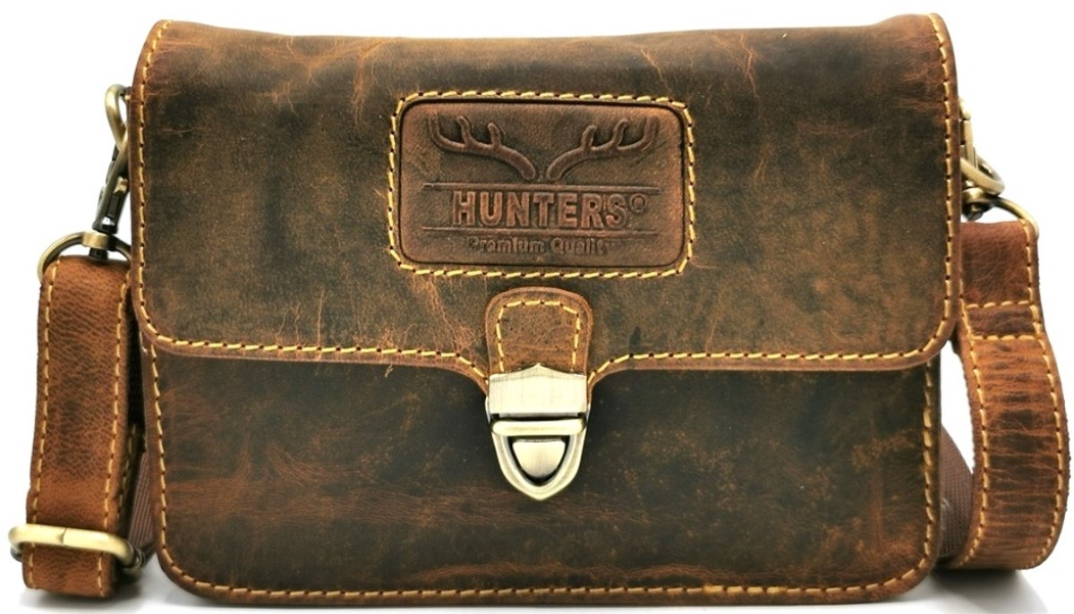 Hunters Leren Schoudertasje/Festivaltasje - Vintage leer - Kan ook aan de riem - (bxhxd) ca. 18cm x 12cm x 5cm