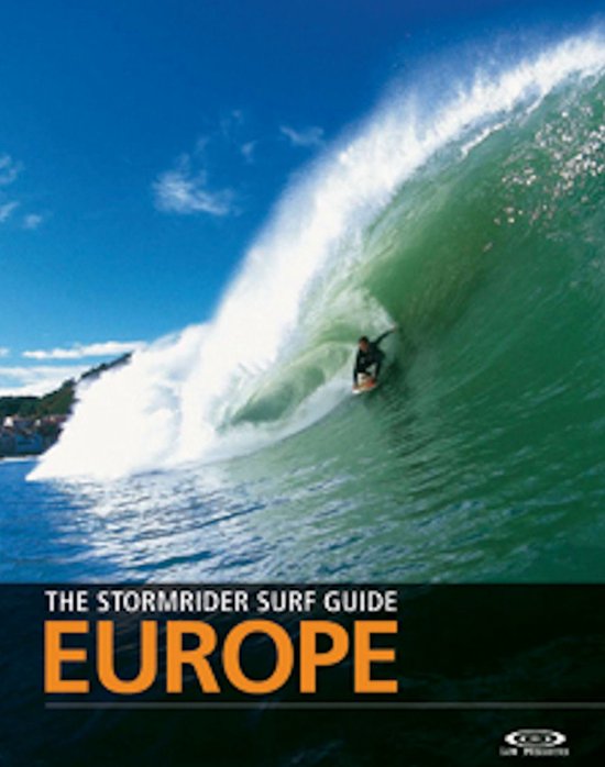 Surfer op een golf, met de titel 'The Stormrider Surf Guide Europe'.
