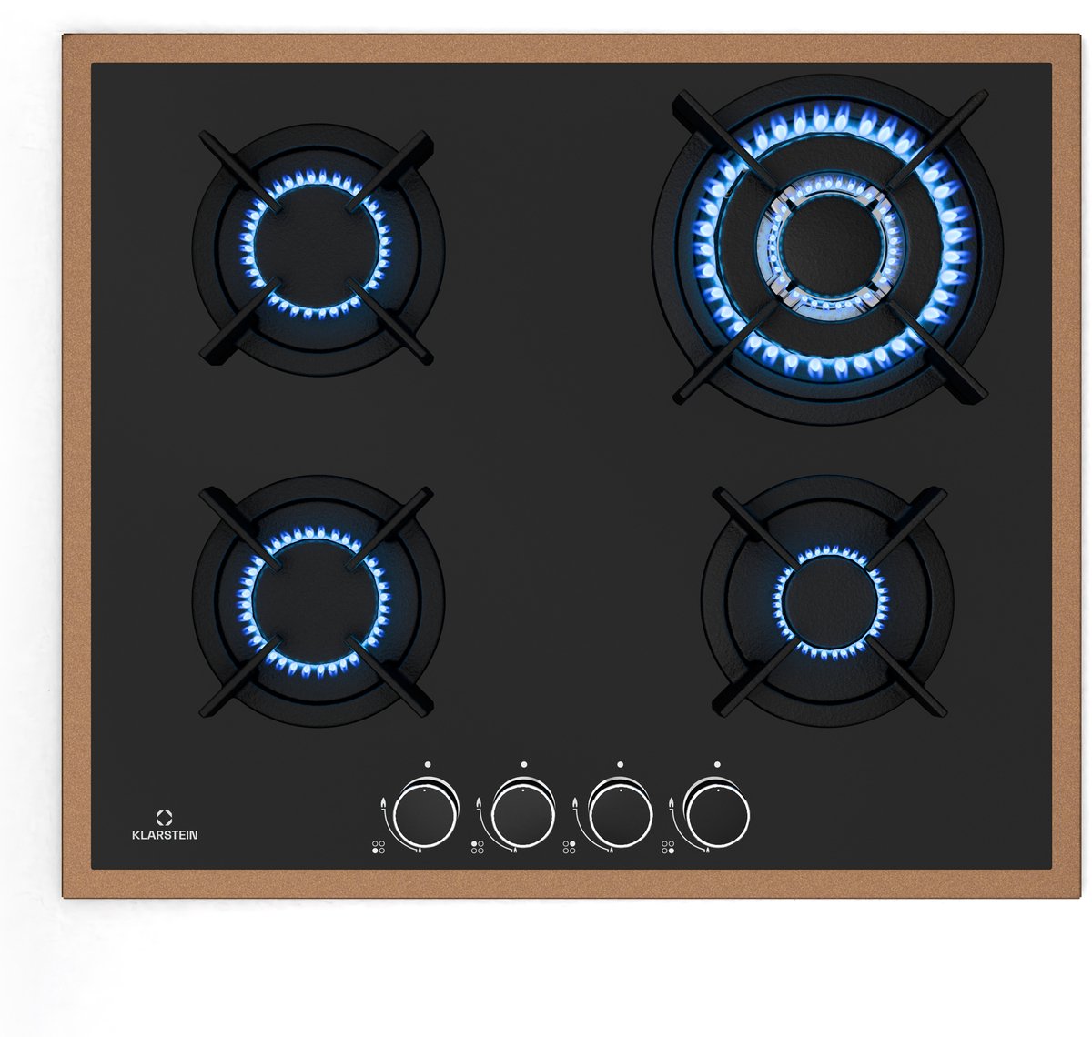 Klarstein Lumiflame gaskookplaat, 4 branders, 8 kW, koperen frame en glas, elektrische ontsteking, FFD-veiligheid, gietijzeren pannendragers, 60 cm, geschikt voor LPG en aardgas.
