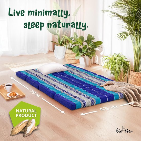 Klapmatras - Gastenmatras Plooimatras - Ontspannen en Slapen - Natuurlijke Kapokvulling - 200x110cm - Blauw — afbeelding 2