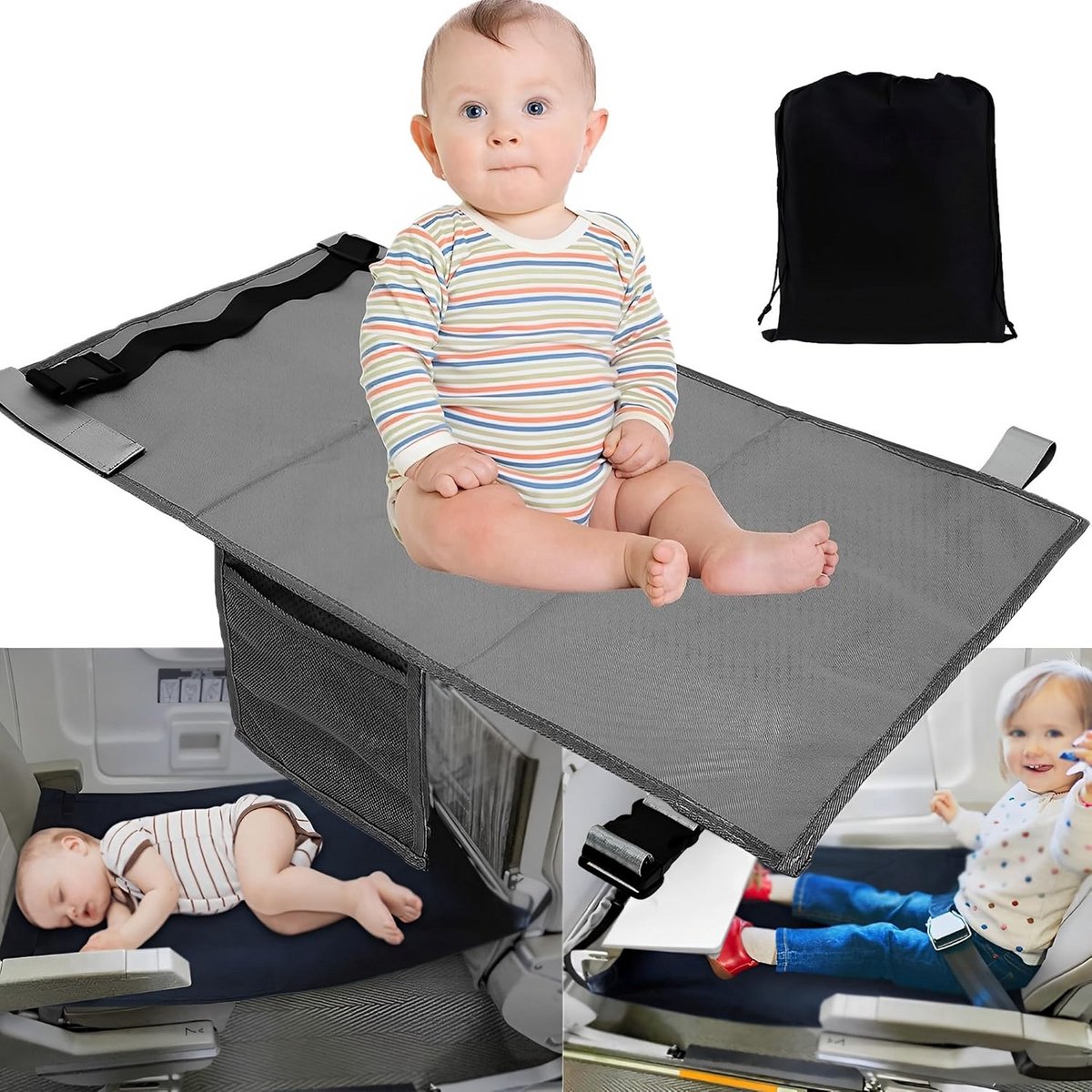 Vliegtuig Voetsteun - Reis Hangmat - Comfortabel Reizen - Snel en Eenvoudig - 32 x 22 x 5 cm - Grijs