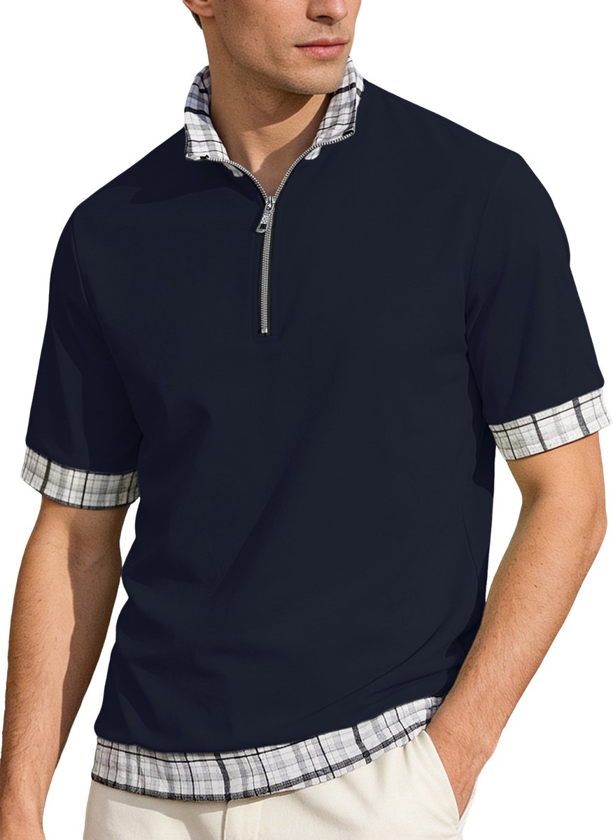 Casual Heren Polo - Ruiten Kraag - Blauw - Zwart