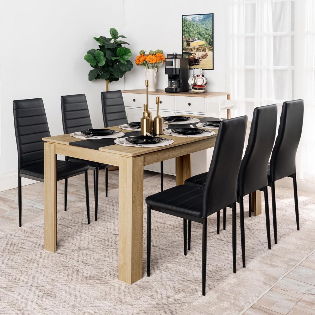 Eetkamerset 6 personen - Eettafel met stoelen - Gezellig tafelen - Kunstleren stoelen - 160 x 80 cm - Eiken zwart