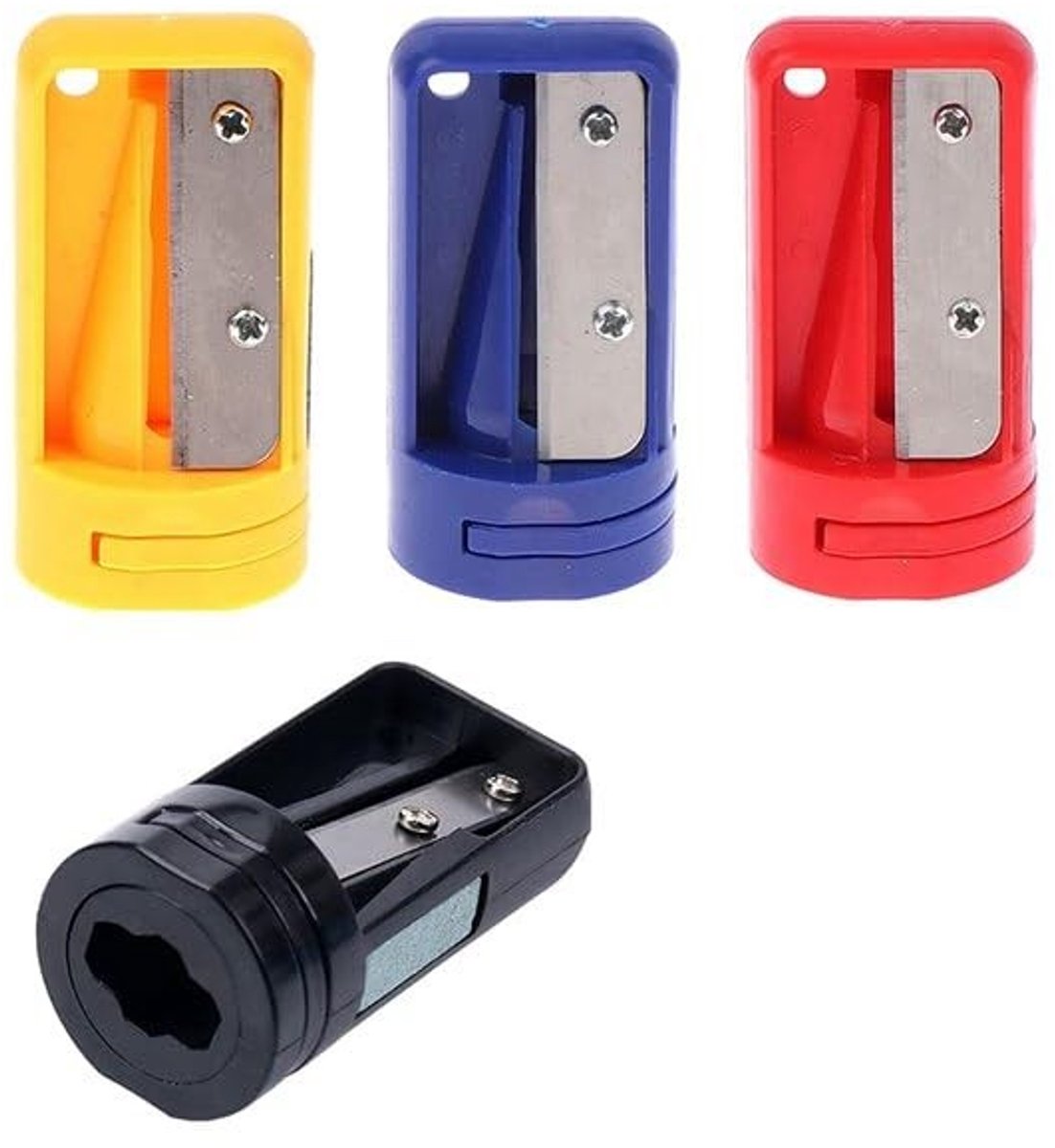 Dailygoods- Puntenslijper 4 Stuks - Timmermans/Puntenslijper - Draagbaar - Kunststof/Metaal - Compact - Voor Platte Potloden - Potloodslijper