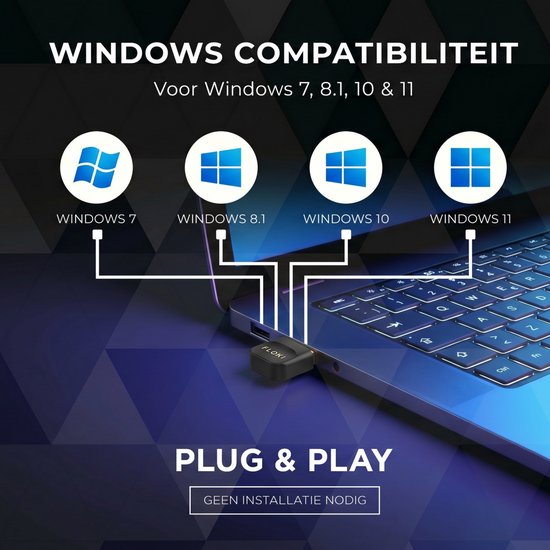 De FLØKI Bluetooth adapter wordt aangesloten op een laptop en ondersteunt Windows 7, 8.1, 10 & 11. Plug & Play, geen installatie nodig.