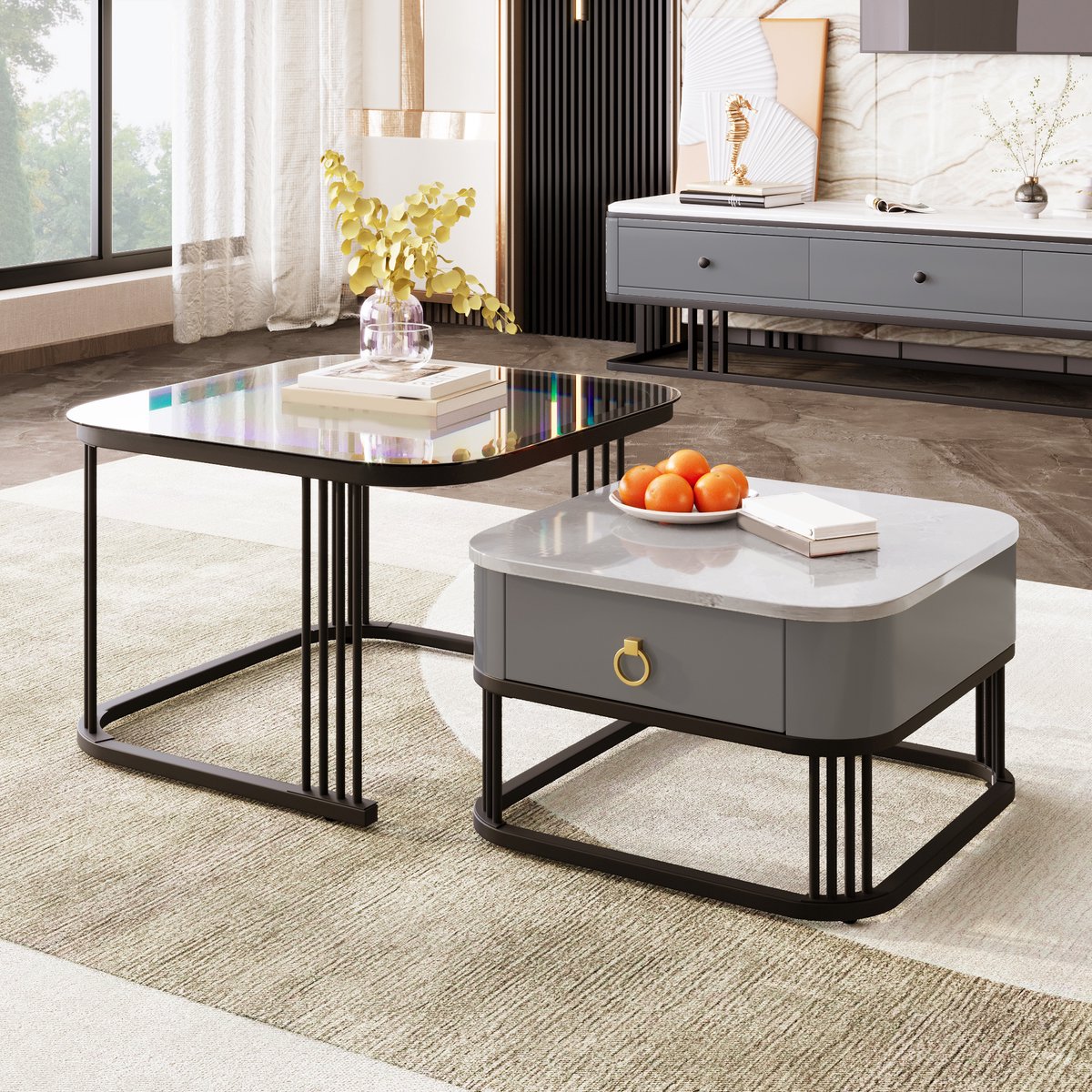 Clruro Salontafelset 2-delig - Hoogglans Marmerlook en Glasblad - Laden - MDF Glas - Zwart
