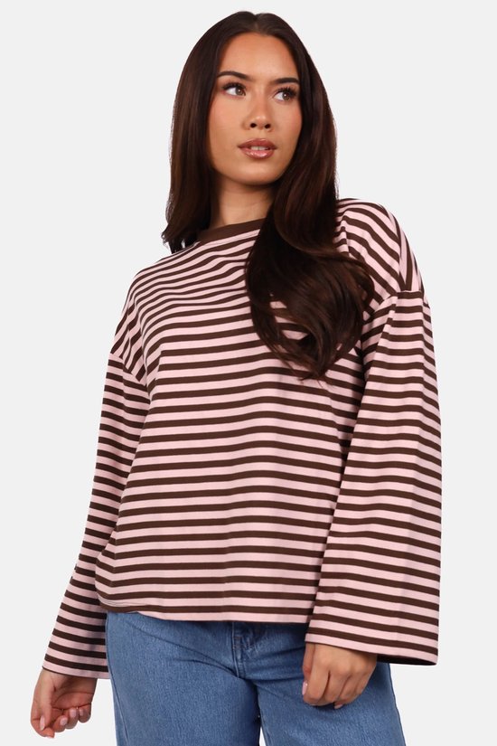 Getdrezzed Top - Maat: XL - Gestreepte longsleeve in bruin en lichtroze