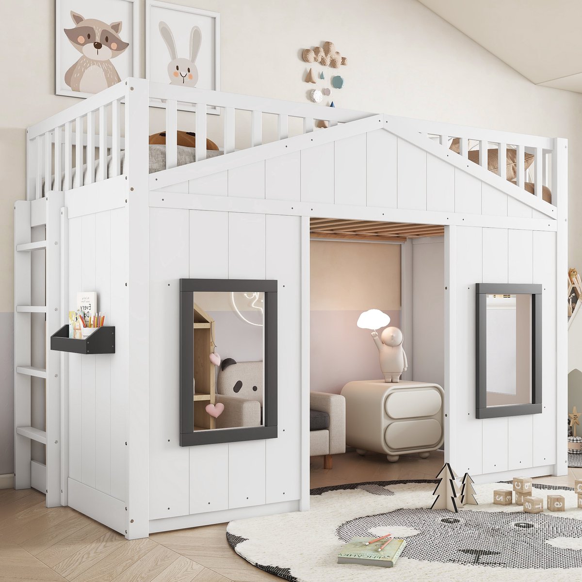 DESMIU Huis Stapelbed 90x200cm – Kinderbed met Trap en Veiligheidshekken – Opbergruimte Onderbed en Speelruimte – Voor Kinderkamer – Grenenhout en MDF – Wit – Zonder matras