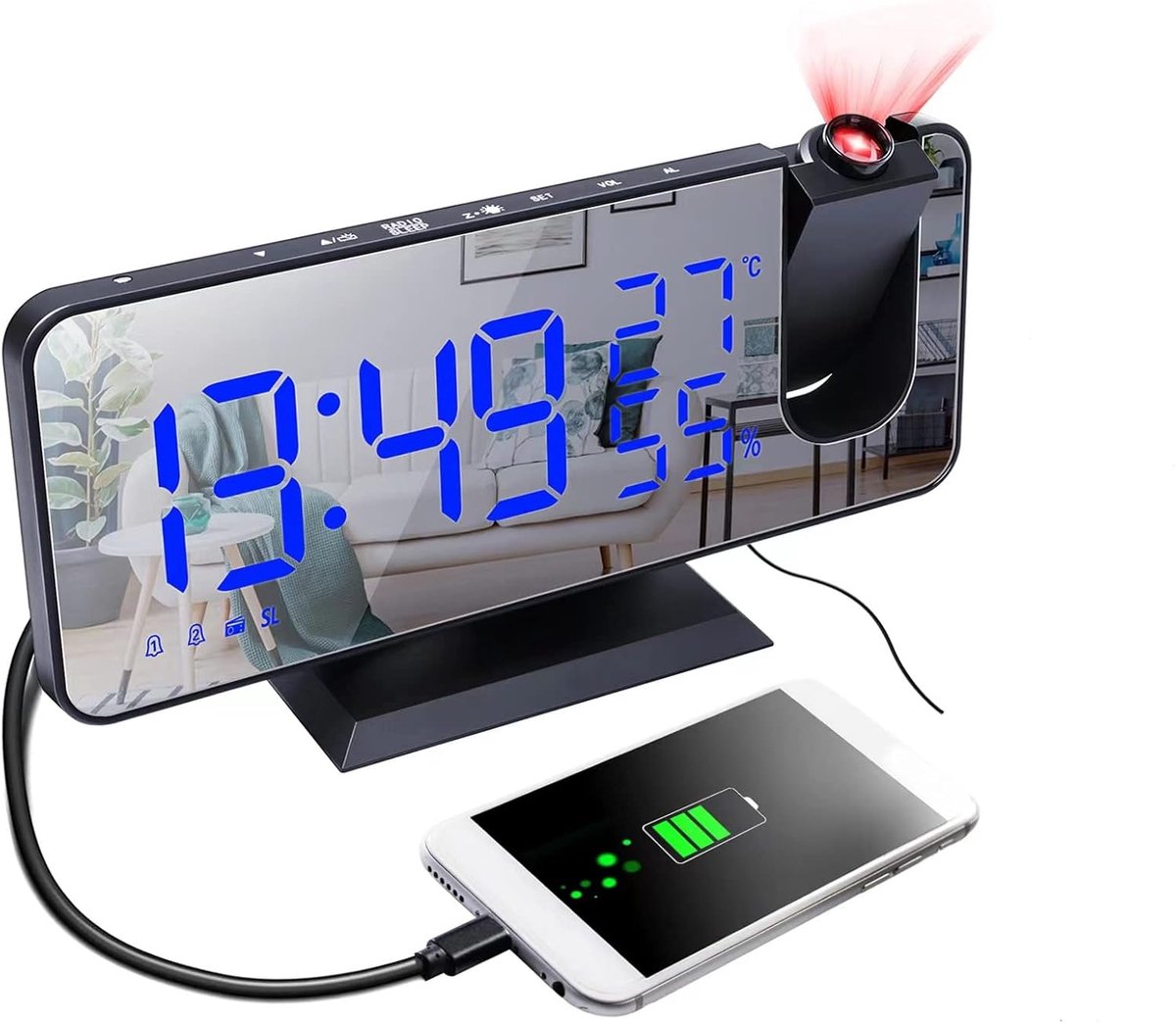 Digitale Projectiewekker - 4-in-1 Klok - Wakker Worden - 180 Graden Projectie - 3 x 3.81 x 9 cm - Zwart