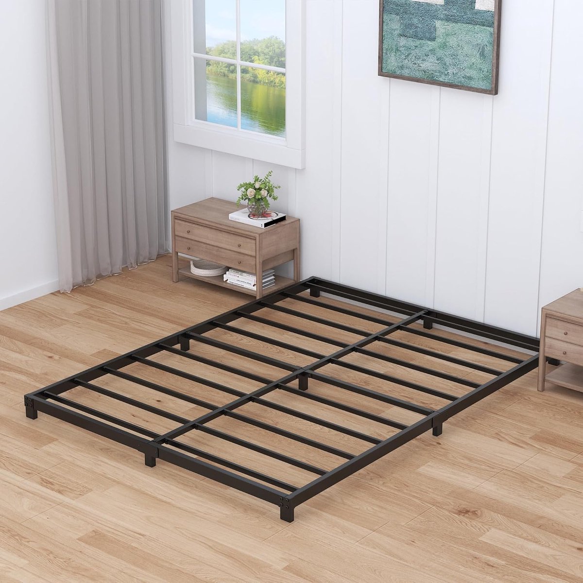 Laag profiel bedframe - Metalen bedbasis - Slaapkamer inrichten - Geen boxspring nodig - 3 inch hoogte - Zwart