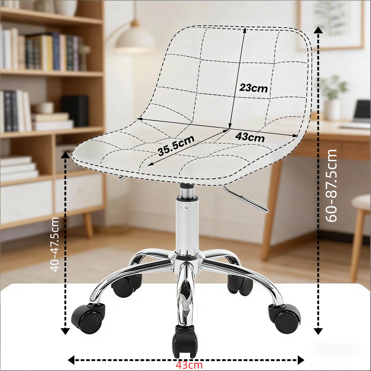 OKWISH Bureaustoel Met Wielen En Verstelbare Zithoogte - Ergonomisch Draaibaar Voor Make-up, Werkplek En Woonkamer - Chenille - Wit