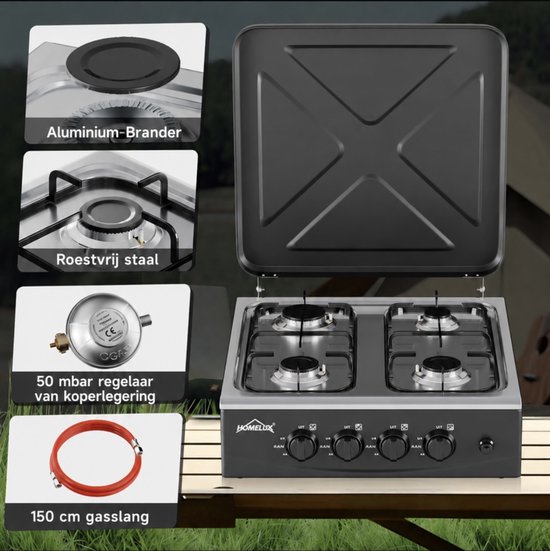 HOMELUX 4-pits campinggasfornuis - 6,2 kW - Buitenfornuis - Kookstel - Gasstel - INCL 1,5 m aansluitslang en 50 mbar drukregelaar van Homelux — afbeelding 3