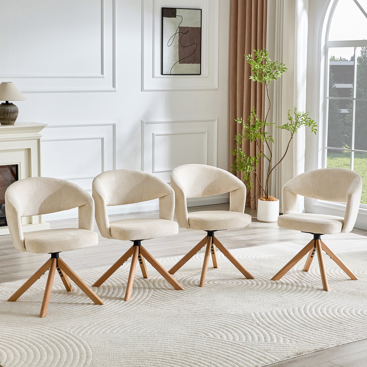 STILVORA Eetkamerstoel - Draaibaar Set Van 2 - 360 Graden Stil Comfort - Voor Eetkamer En Woonkamer - Stof Houtkleur Crèmewit, Houtkleur
