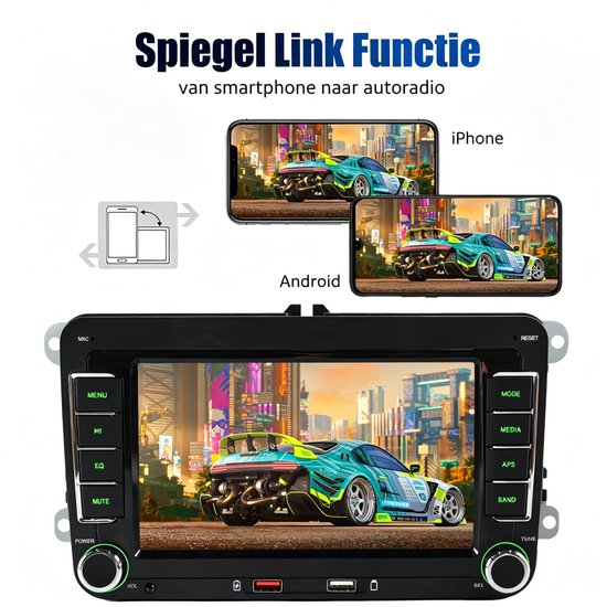 ESSGOO autoradio met Spiegel Link functie. Toont de smartphone weergave op het autoradioscherm van een iPhone en Android telefoon.