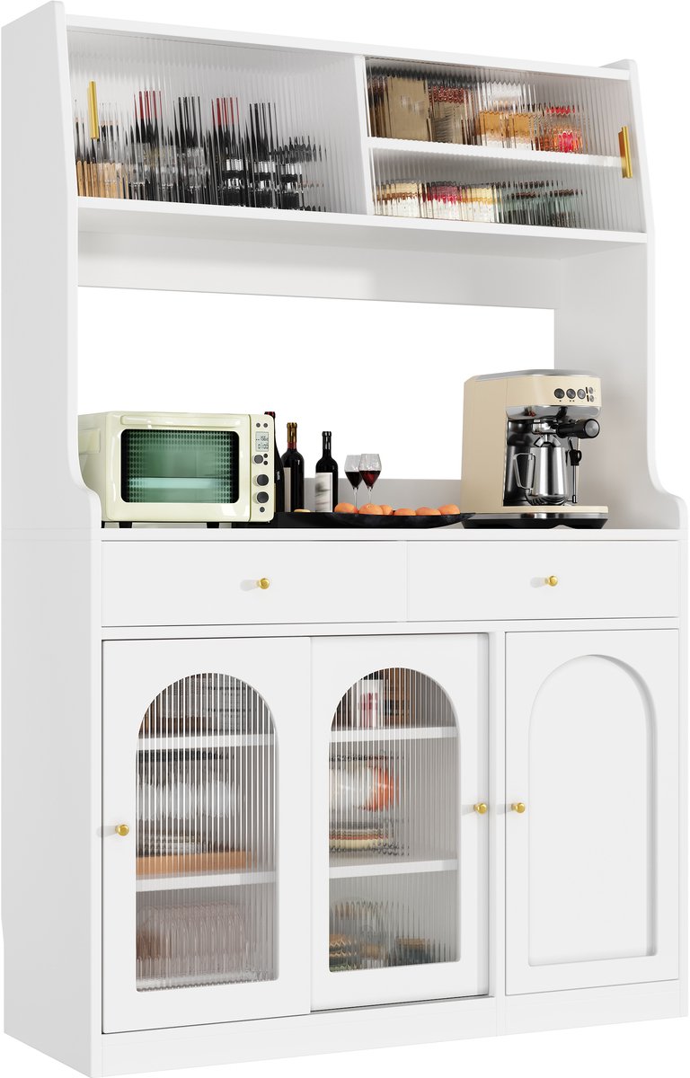 Keukenkast, hoge kast, vitrinekast, buffetkast met verstelbare planken, eetkamer-kast met 2 laden, sideboard met LED-verlichting, instelbare lichtkleuren, Wit