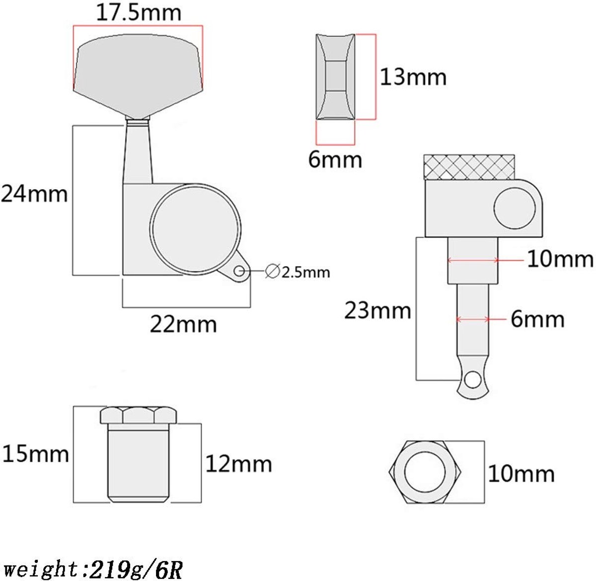 Dailygoods- Gitaarstemknoppen 6R - Vergrendelde Stempennen - Massief