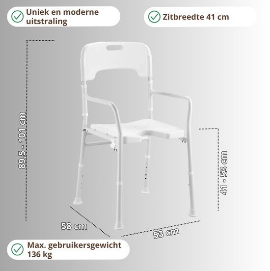 Wit douchestoeltje met afmetingen: hoogte 89,5-101 cm, zitbreedte 41 cm, zitdiepte 58 cm, diepte 53 cm. Max. 136 kg.