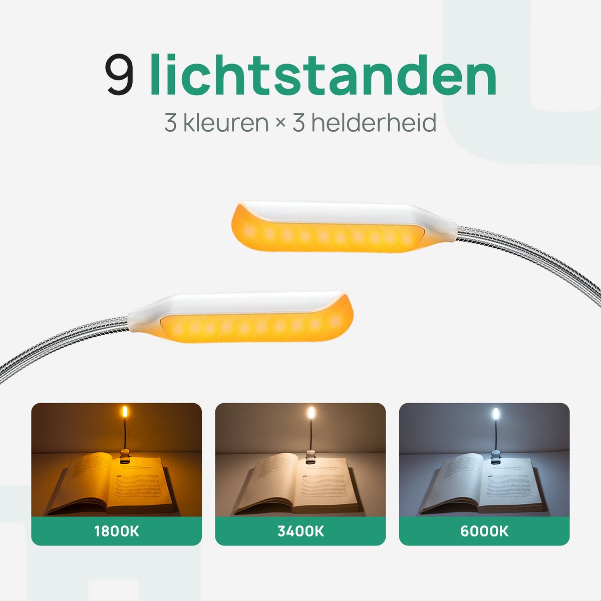 JUALL LED Leeslampje voor Boek - 9 Lichtstanden - Oplaadbaar Leeslampje voor in Bed - Boeklampje - Leeslampje met Klem - Bedlampje - Wit — cadeau in Gadgets - foto 6