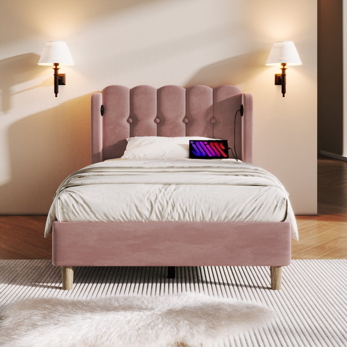 DESMIU Gestoffeerd Bed 90x200 cm – USB- En Type-C-Opladen – Met Lattenbodem – Jeugdbed Voor Slaapkamer Of Logeerkamer – Fluweel – Roze – Zonder Matras