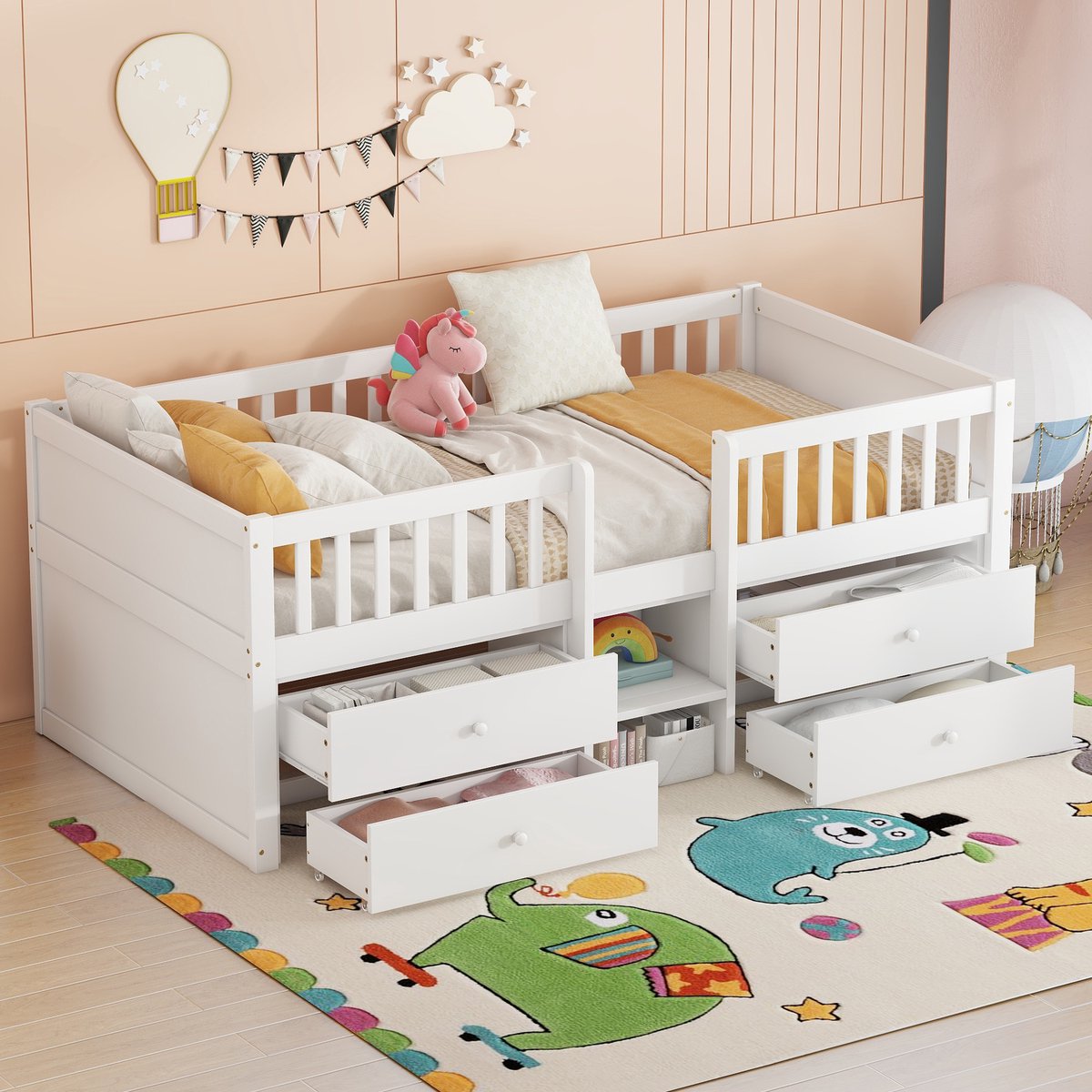 DESMIU Halfhoog Bed 90x200cm Kinderbed Met 4 Lades En Veiligheidshekje En Ladder Praktische Opbergruimte Voor Jeugd Slaapkamer Grenen Wit Zonder Matras
