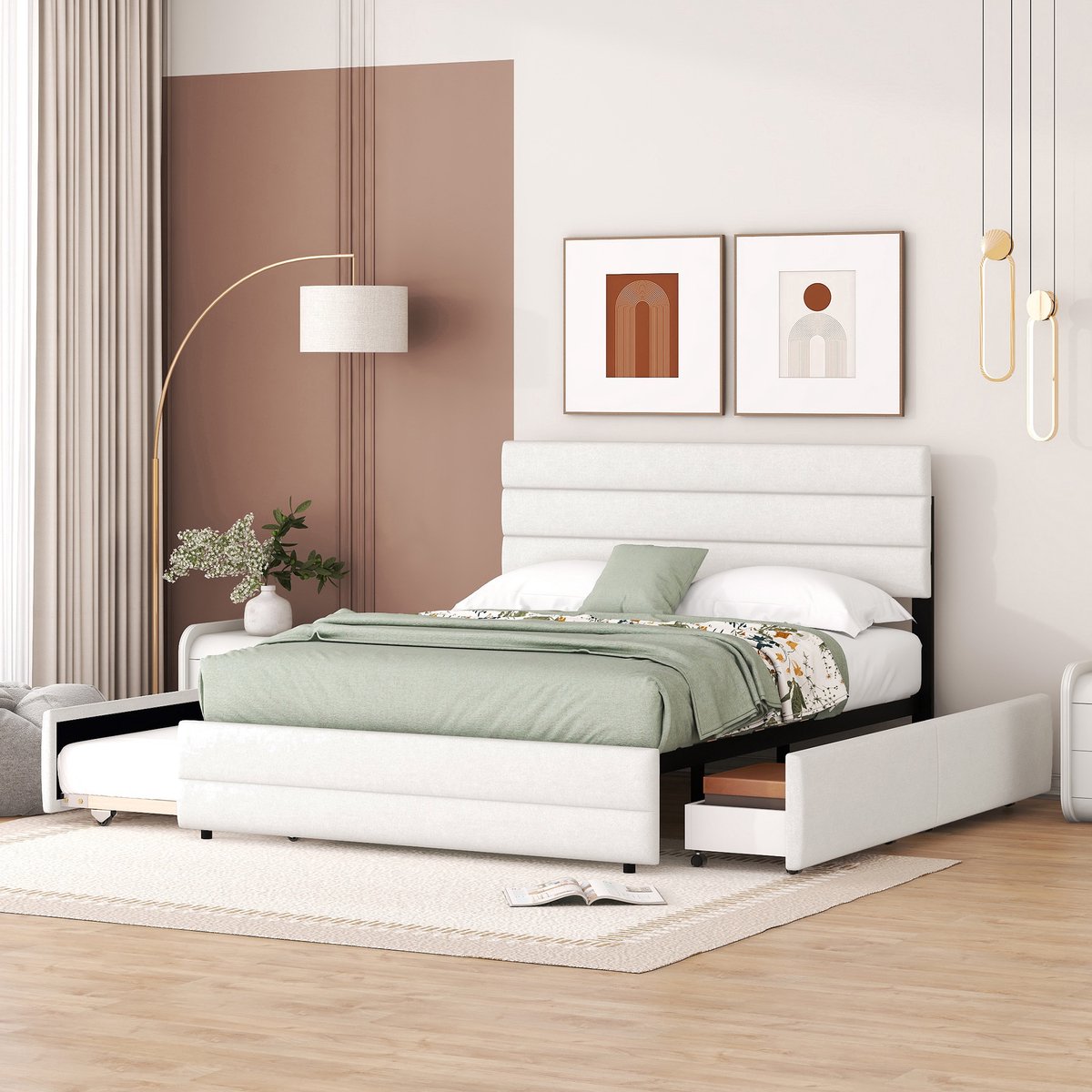 DESMIU Gestoffeerd Bed 140 x 200 cm Zonder Matras – Bed Met Uittrekbed en 2 Opberglades – Voor Slaapkamer en Logeerkamer – Linnen – Beige Wit
