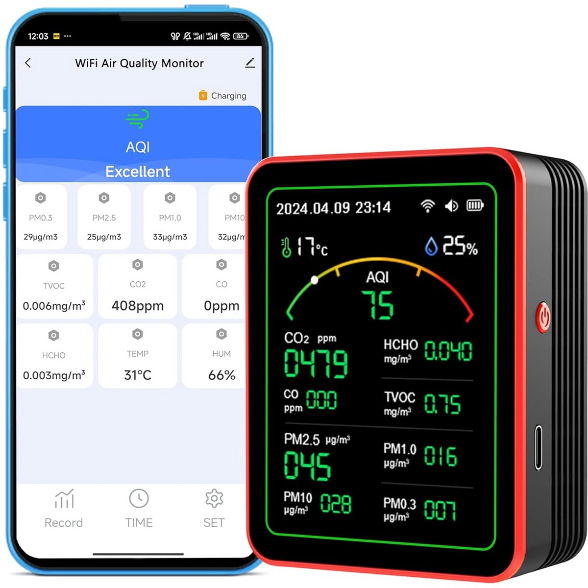 Luchtkwaliteit Monitor - Binnenluchtmeter - Gezond Leven - 15-in-1 Metingen - 8.99 x 7.01 cm - Zwart