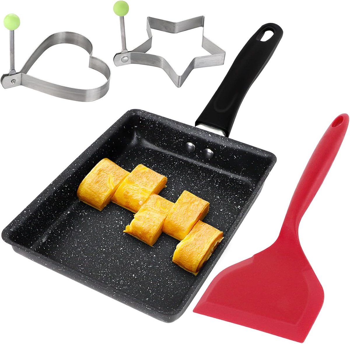 Japanse omeletpan - Mini eierpan - Ontbijt maken - Inclusief spatel ringen - 13 x 18 cm - Zwart