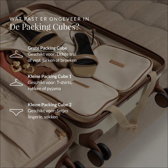 Inhoud van crème packing cubes: grote voor kleding, kleine voor T-shirts en lingerie.