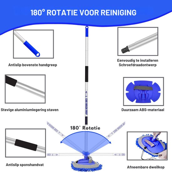 Aurixi® Autowasborstel Telescopisch - Wasborstel Met Telescopische steel - Telescoop Wasborstel Met Zachte Borstel Haren - Blauw - 30cm x 20cm x 158cm van aurixi — afbeelding 2