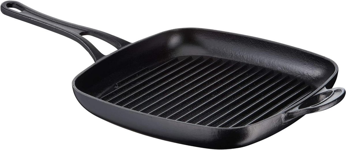 Gietijzeren grillpan - Emaille pan - Vlees grillen - Uitstekende warmteopslag - 25x25 cm - Zwart