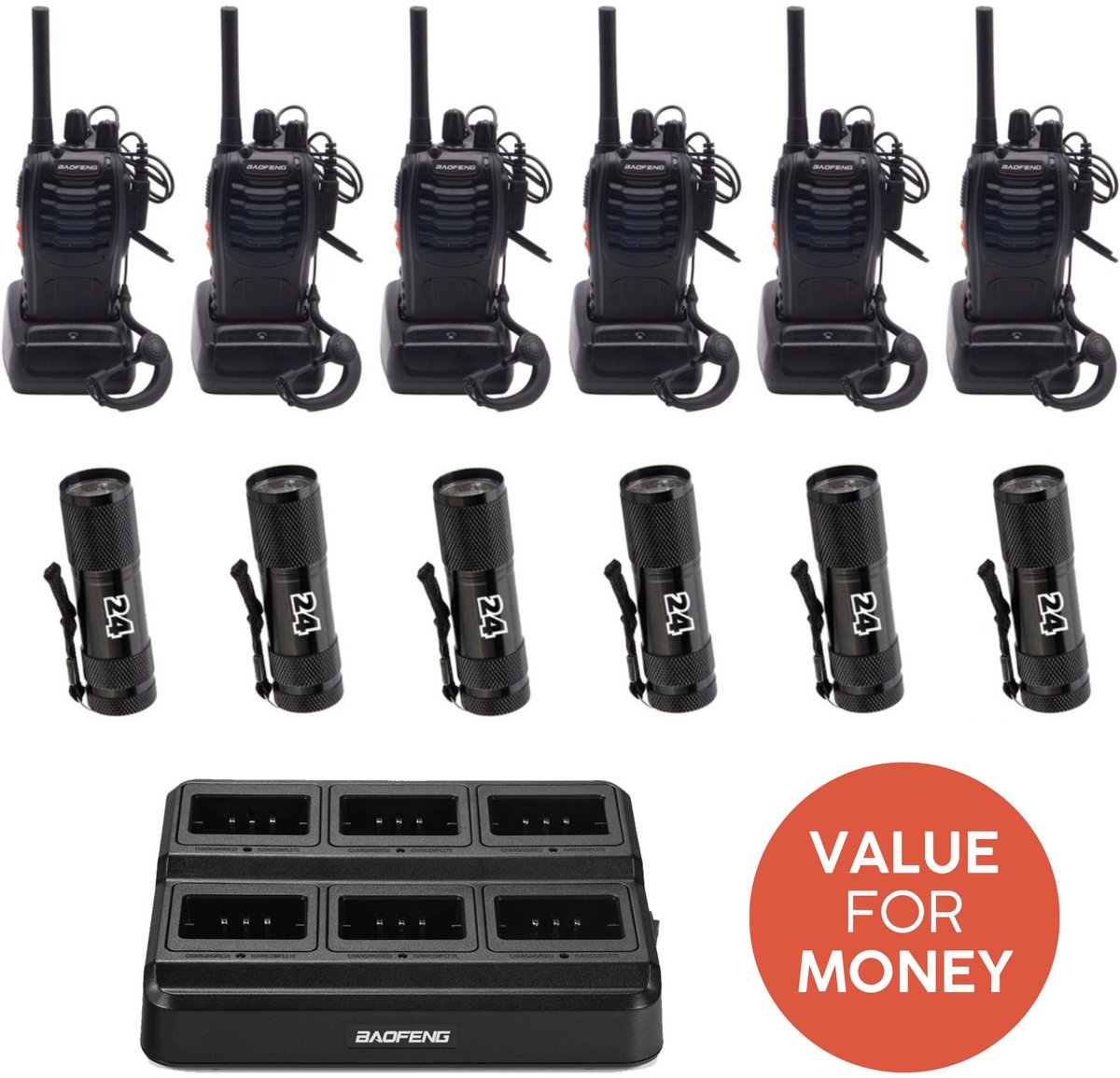 Activ24™ Set van 6x Baofeng BF-88E PMR portofoons met 6-voudig laadblok, headsets en 6x Activ24™ zaklampen - Geen vergunning nodig - Walkie Talkie - BF88E portofoon