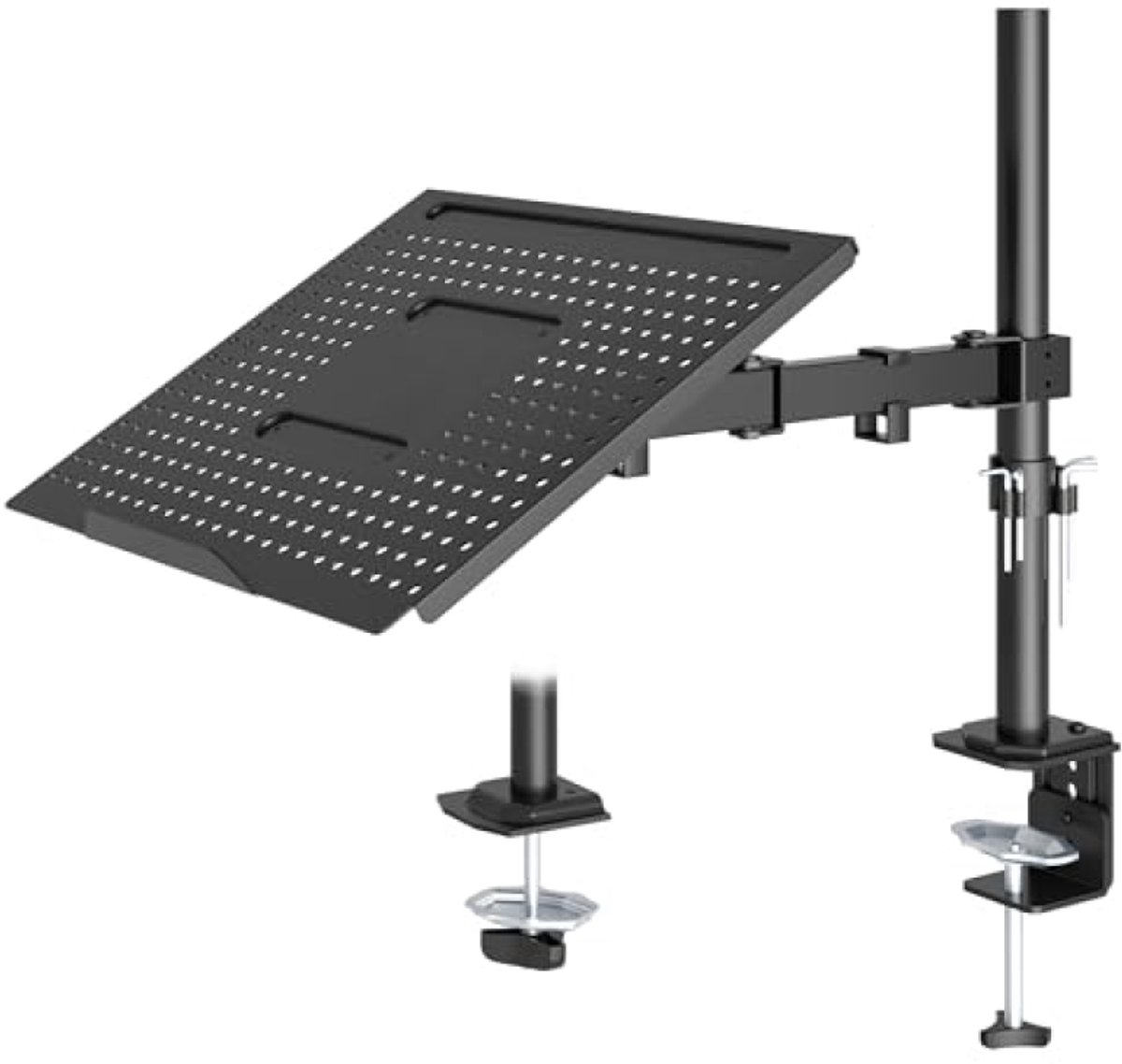 Monitorarm met geventileerde laptoplade, volledig verstelbaar voor 13-32 inch schermen en notebooks tot 16 inch, met 2 montageopties, kantelen, zwenken en roteren