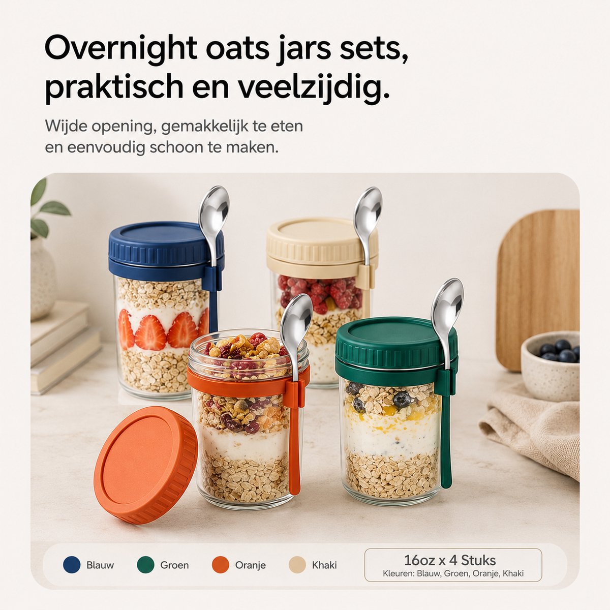 BOTC Overnight Oats Potjes - Voorraadpotten - Set van 4 met Lepels - 4x475ml Mason Jar - Glazen Potjes met deksels - Mason Jar - Lekvrij ontwerp — cadeau in Kookcadeaus - foto 3