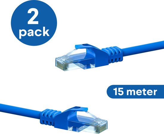 Pack de 2 câbles réseau CAT6 UTP bleus de 15 mètres avec connecteurs RJ45.