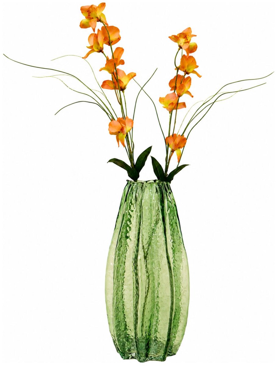 Mega Collections Bloemenvaas Callas - bewerkt sier glas - D16 x H35 cm - transparant groen - boeket en stelen - Moderne stijl