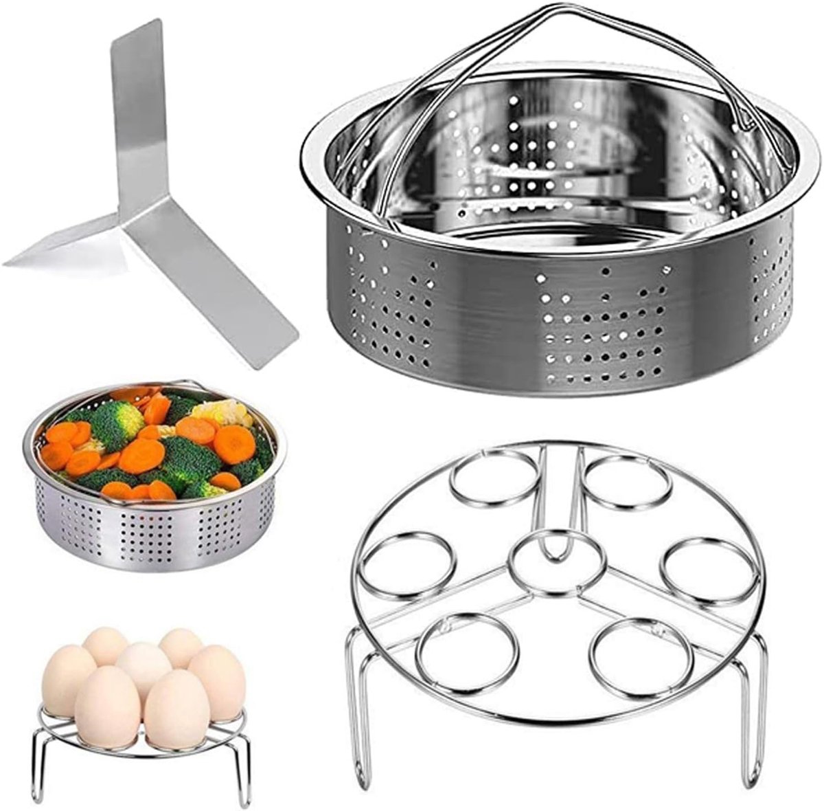 3-delige stoompan accessoires set voor snelkookpannen - RVS stoommand en eierstomer