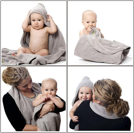 Baby Handdoek - Met Capuchon - Na het Baden - Schort Ontwerp - 90x90 cm - Grijs — afbeelding 2