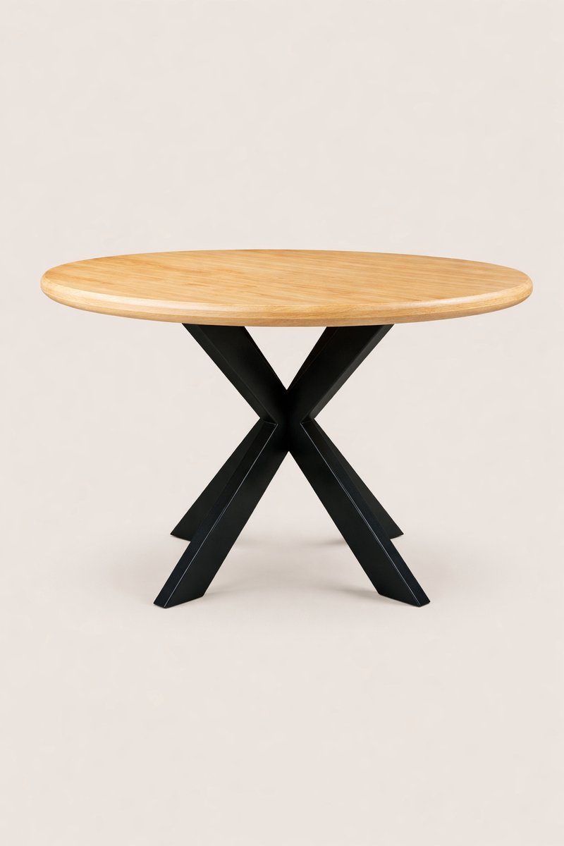 Ronde Eettafel 120 cm Mangohout – Zwart Metalen Matrix Onderstel – Landelijk – 4-5 Personen